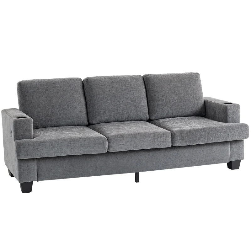HOMCOM 3 Seater Sofa with USB Ports & Cup Holders, Chenille-Feel Upholstered Couch for Living Room, Grey