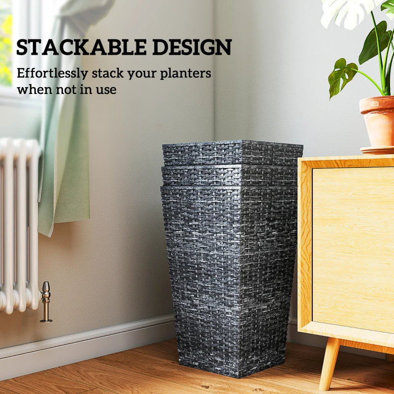 Outsunny Tall Planters for Outdoor Plants Set of 3, 24 In Taper Planters with Drainage Holes, Rattan Decor Plant Pots for Indoor Outdoor Front Porch Patio Backyard, Gray