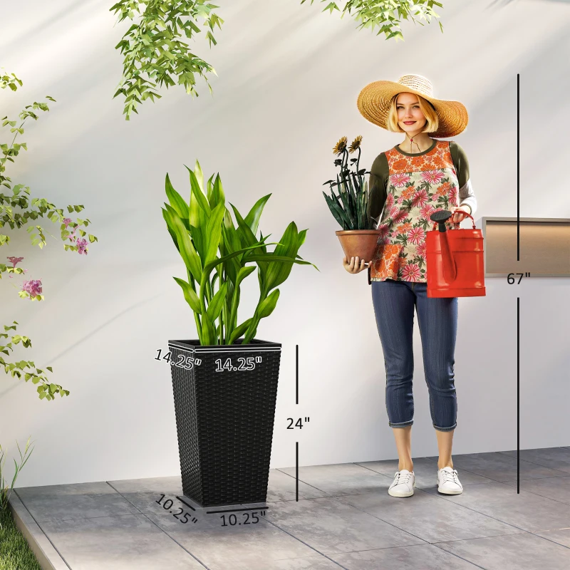 Outsunny Tall Planters for Outdoor Plants Set of 3, 24 In Taper Planters with Drainage Holes, Rattan Decor Plant Pots for Indoor Outdoor Front Porch Patio Backyard, Black