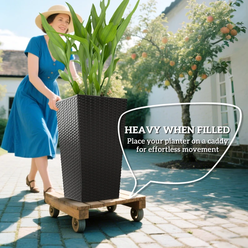 Outsunny Tall Planters for Outdoor Plants Set of 3, 24 In Taper Planters with Drainage Holes, Rattan Decor Plant Pots for Indoor Outdoor Front Porch Patio Backyard, Black