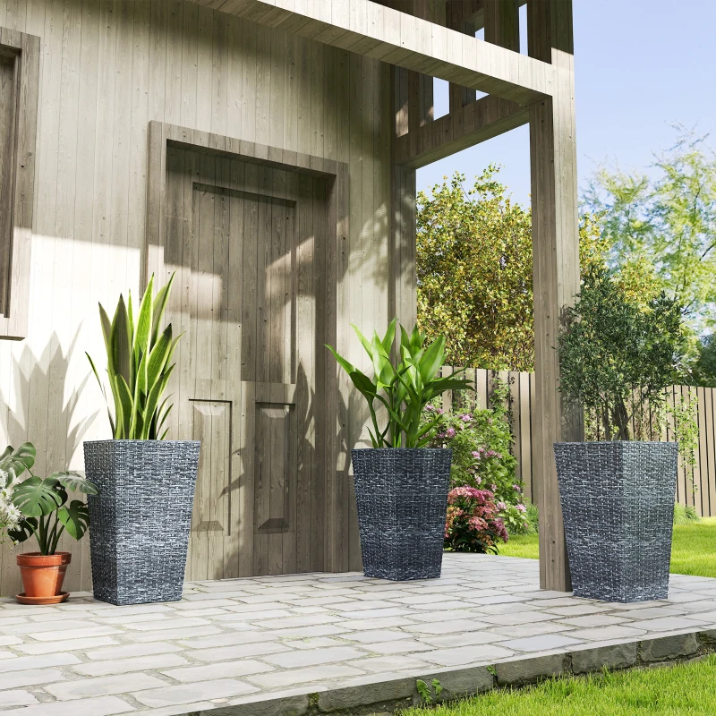 Outsunny Tall Planters for Outdoor Plants Set of 3, 24 In Taper Planters with Drainage Holes, Rattan Decor Plant Pots for Indoor Outdoor Front Porch Patio Backyard, Gray
