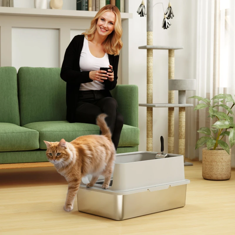 PawHut XL Stainless Steel Cat Litter Box for Big and Multiple Cats with High Wall Side, Scoop, Easy Cleaning & Odor Free