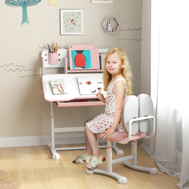 Qaba Height Adjustable Kids Desk and Chair Set for Writing Drawing w/ Tilt Desktop, Storage Drawer and Reading Rack, Pink