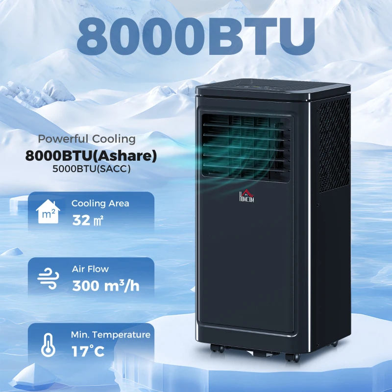 HOMCOM 8000 BTU Portable Air Conditioner with Cooling, Dehumidifier, Remote Control, 24-Hour Timer, Window Mount Kit, Black