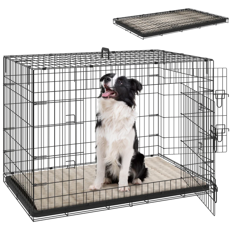 PawHut 41" Dog Crate with 2 Doors, Folding Metal Dog Cage with Soft Cushion, Removable Tray, Handle, for Small Dogs, Black