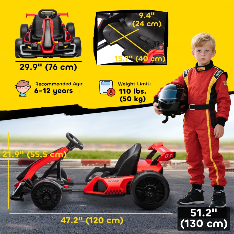 Aosom 24V Electric Go Kart, Battery Powered Kids Drift Kart with Adjustable Seat, Seat Belt, Horn, Music, Light, Red