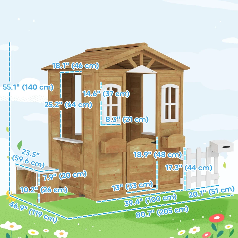 Outsunny Wooden Kids Playhouse with Door Windows Mailbox Flower Pot Holder Serving Station Bench Yellow