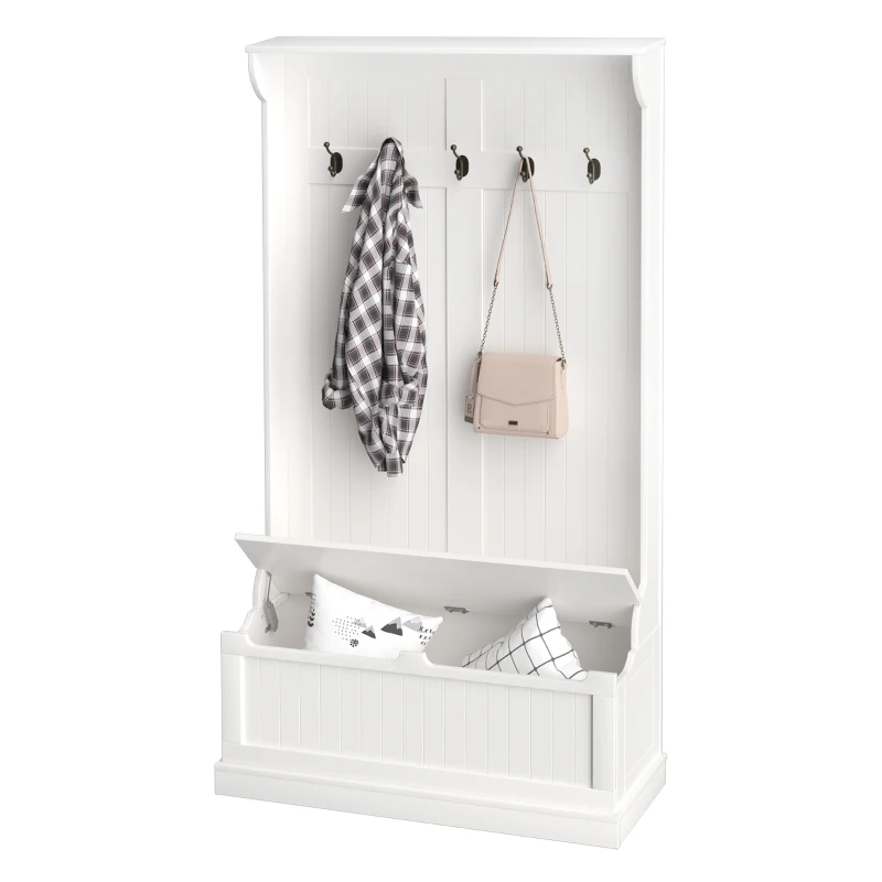 HOMCOM 3-In-1 Entryway Bench with Coat Rack, Hall Tree with Bench and Shoe Storage, 5 Hooks for Hallway Cream White