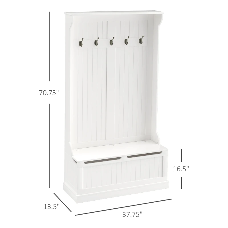 HOMCOM 3-In-1 Entryway Bench with Coat Rack, Hall Tree with Bench and Shoe Storage, 5 Hooks for Hallway Cream White