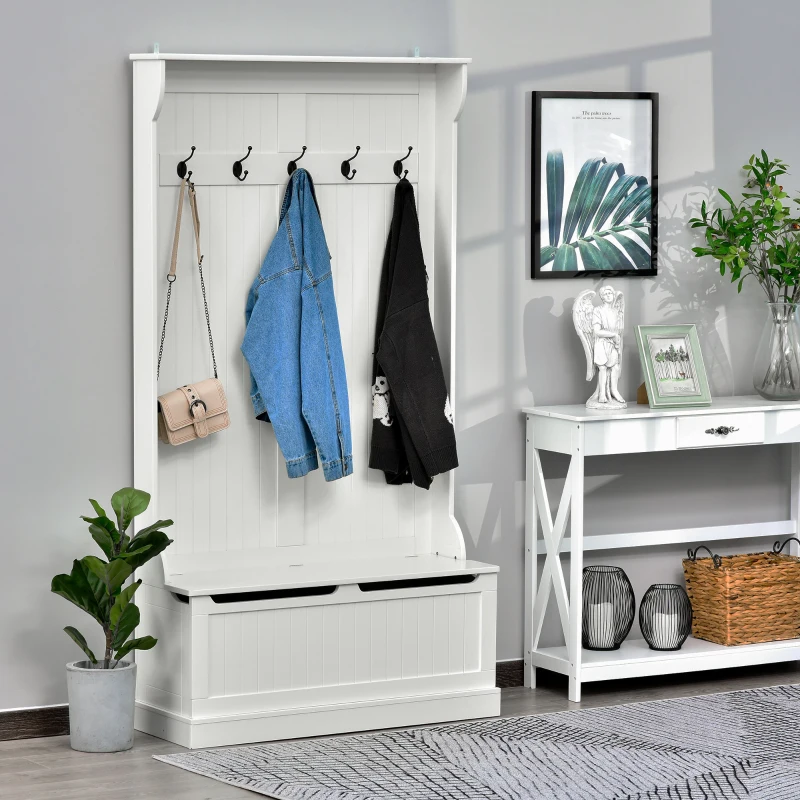 HOMCOM 3-In-1 Entryway Bench with Coat Rack, Hall Tree with Bench and Shoe Storage, 5 Hooks for Hallway Cream White