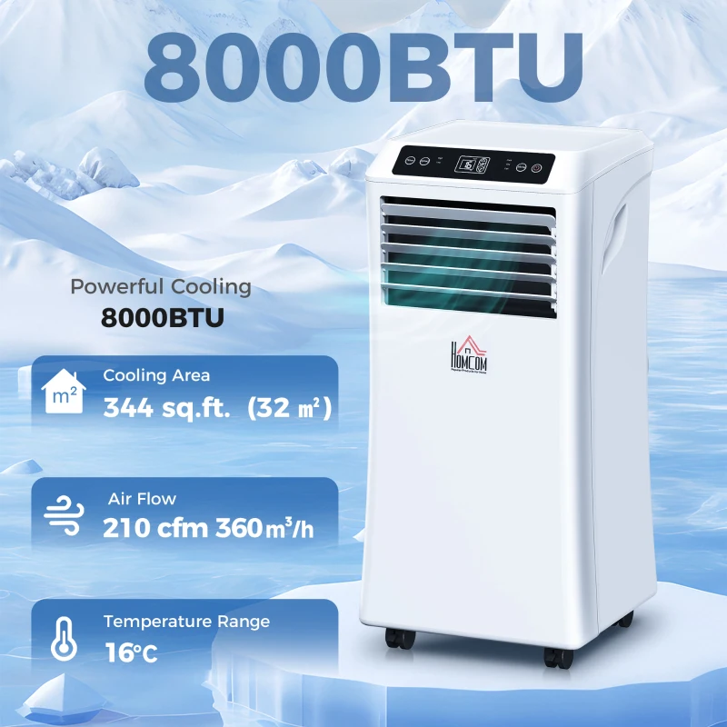 HOMCOM 8000BTU Mobile Portable Air Conditioner with Cooling, Dehumidifier, 2 Speed Fans, 24-Hour Timer for Bedroom, White
