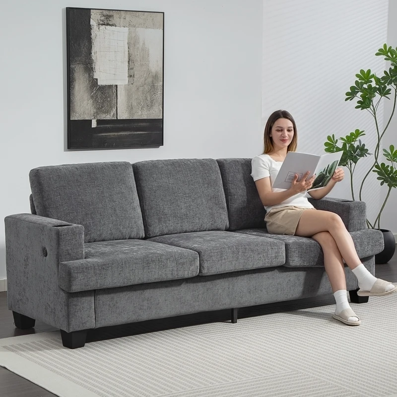 HOMCOM 3 Seater Sofa with USB Ports & Cup Holders, Chenille-Feel Upholstered Couch for Living Room, Grey