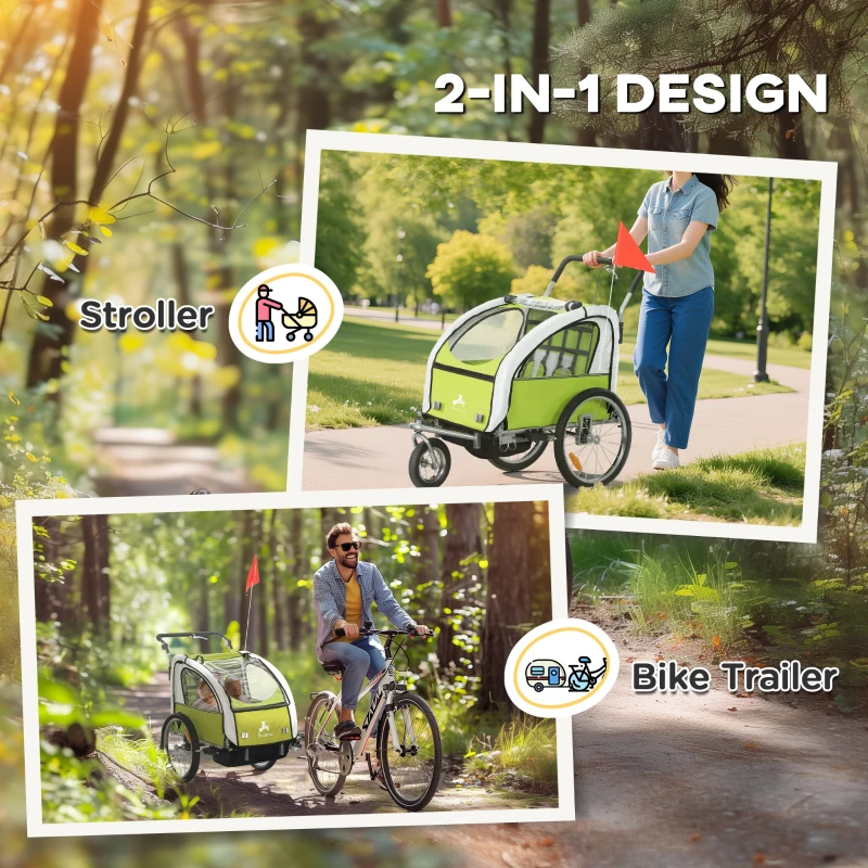 Aosom 2-Seat Elite 360 Swivel Bike Trailer for Kids Bicycle Cargo Trailer with Water-Resistant Windows, Green and White