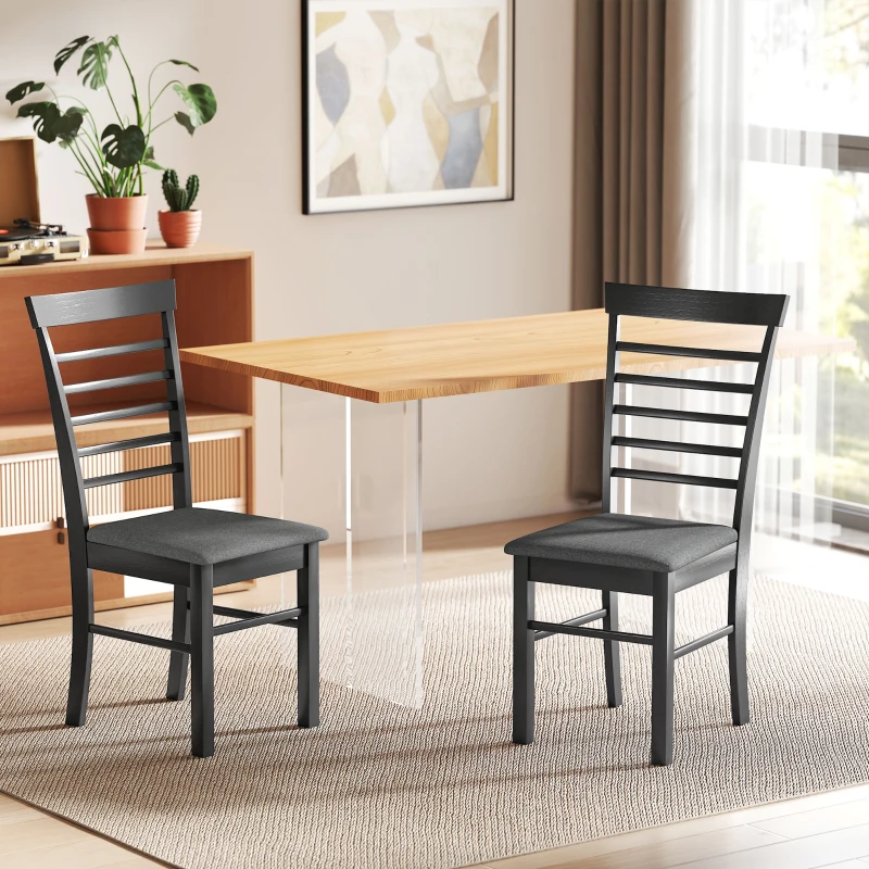 HOMCOM Wooden Dining Chairs Set of 2, Farmhouse Upholstered Kitchen Chairs with Rubber Wood Frame, Black and Gray