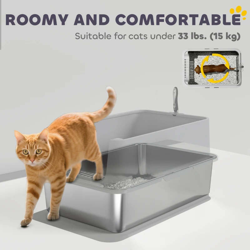 PawHut XL Stainless Steel Cat Litter Box for Big and Multiple Cats with High Wall Side, Scoop, Easy Cleaning & Odor Free