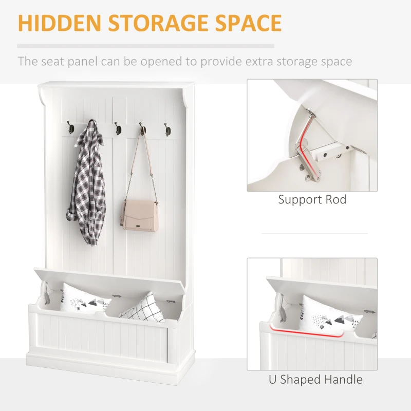 HOMCOM 3-In-1 Hall Tree w/ Coat Rack, Shoe Storage and Bench Seat, Entryway Bench w/ 4 Hooks for Hallway, Living Room, White
