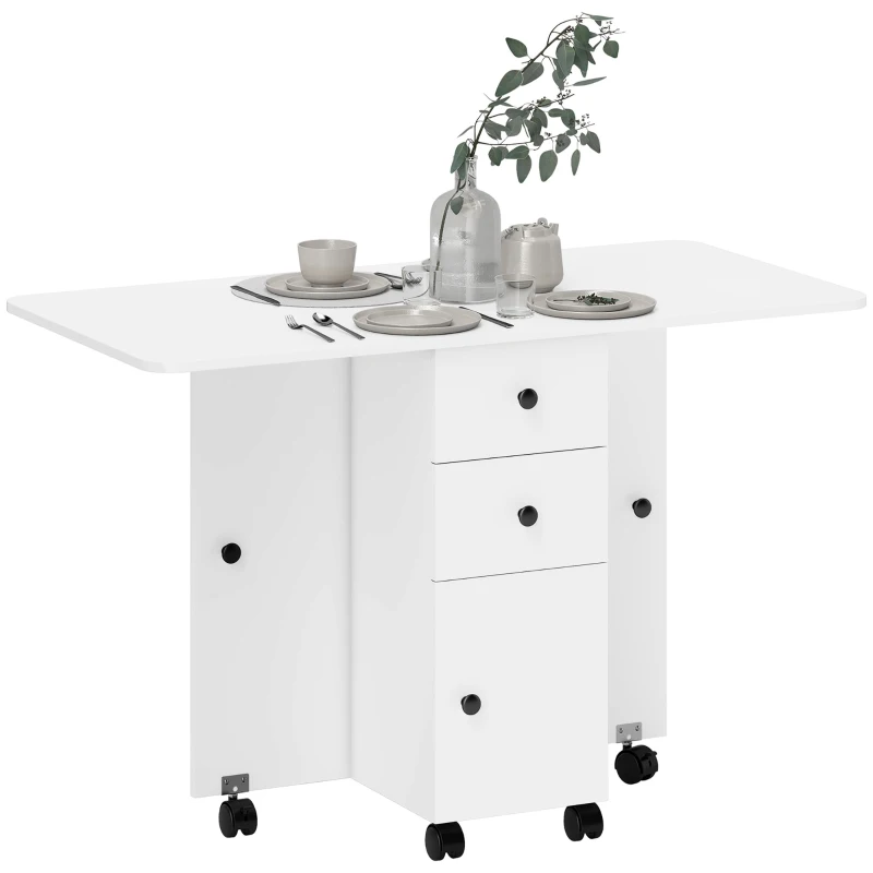 HOMCOM Foldable Dining Table, Rolling Kitchen Table with Storage Drawers and Cabinet, Drop Leaf Table on Wheels, White