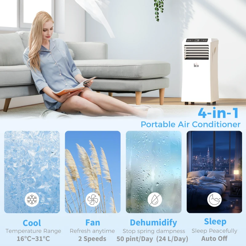 HOMCOM 8000BTU Mobile Portable Air Conditioner with Cooling, Dehumidifier, 2 Speed Fans, 24-Hour Timer for Bedroom, White