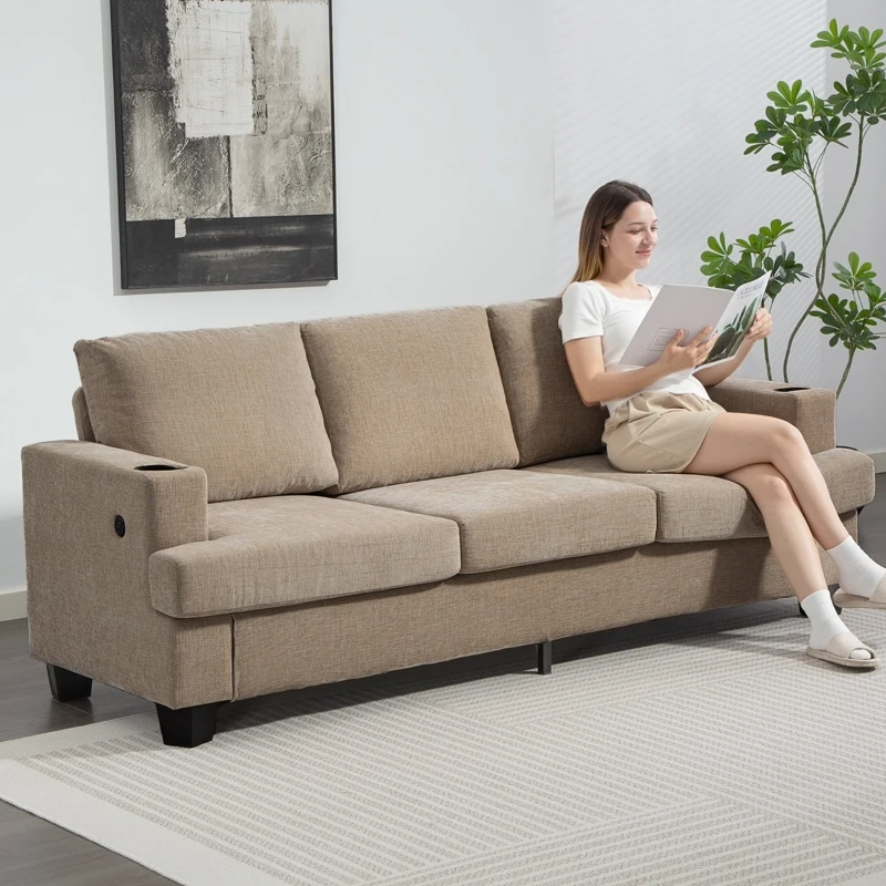 HOMCOM 3 Seater Sofa with USB Ports & Cup Holders, Chenille-Feel Upholstered Couch for Living Room, Light Brown