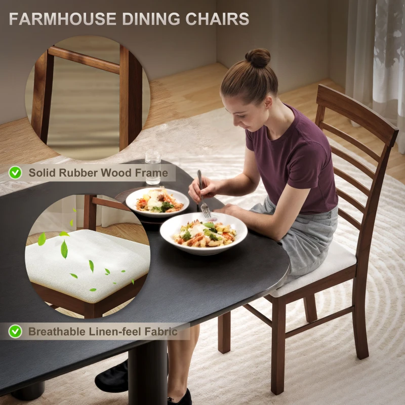 HOMCOM Wooden Dining Chairs Set of 4, Farmhouse Upholstered Kitchen Chairs with Rubber Wood Frame, Dark Brown and Beige