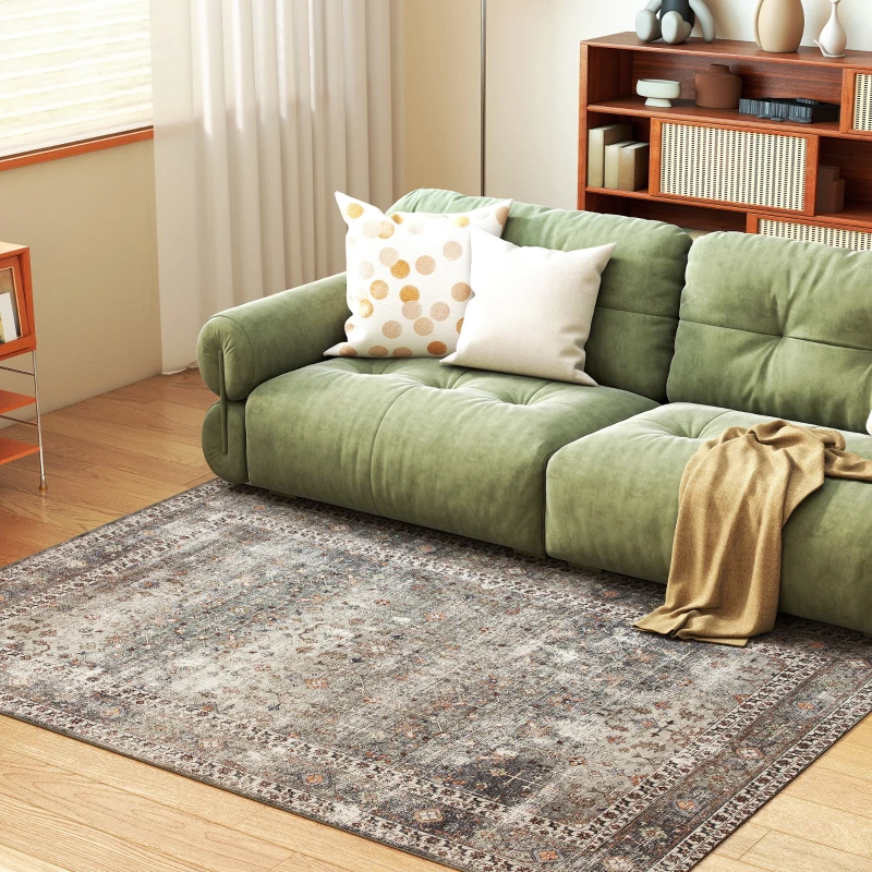 HOMCOM Machine Washable Area Rug 4x6, Non-Slip Traditional Floor Cover Foldable Carpet for Living Room, Dark Mixed-Brown