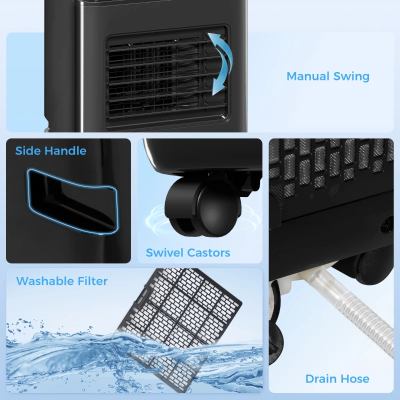 HOMCOM 10,000 BTU Moible Air Conditioner 440 Sq. Ft., Dehumidifier Fan Auto Sleep with 24H Timer On/Off, Window Kit, Black