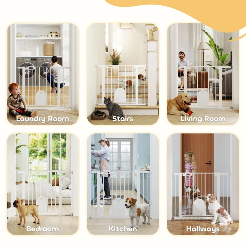 PawHut 30"-41" Extra Wide Pet Gate Barrier with Small Door, 30"H Dog Gate with Safety Gate Barrier, Stair Pressure Fit, White
