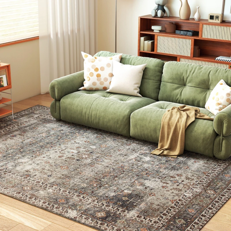 HOMCOM Machine Washable Area Rug 8x10, Non-Slip Traditional Floor Cover Foldable Carpet for Living Room, Dark Mixed-Brown