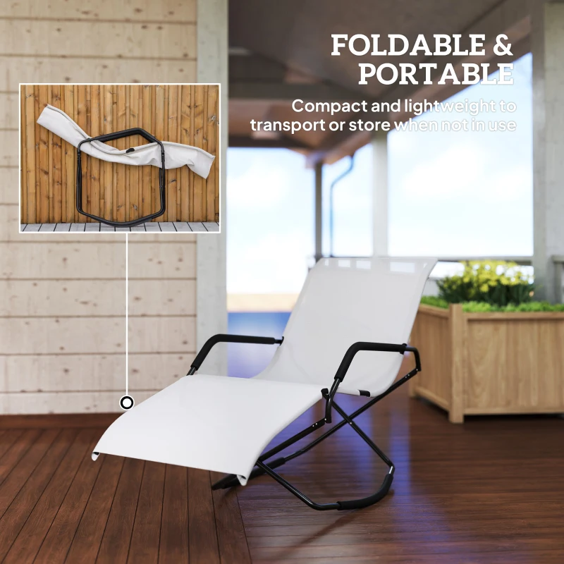 Outsunny Outdoor Folding Rocking Chair, Foldable Chaise Lounge Pool Chair, Zero Gravity Lounge Chair with Armrests for Sun Tanning, Sunbathing, Rocker for Patio, Lawn, Beach, White
