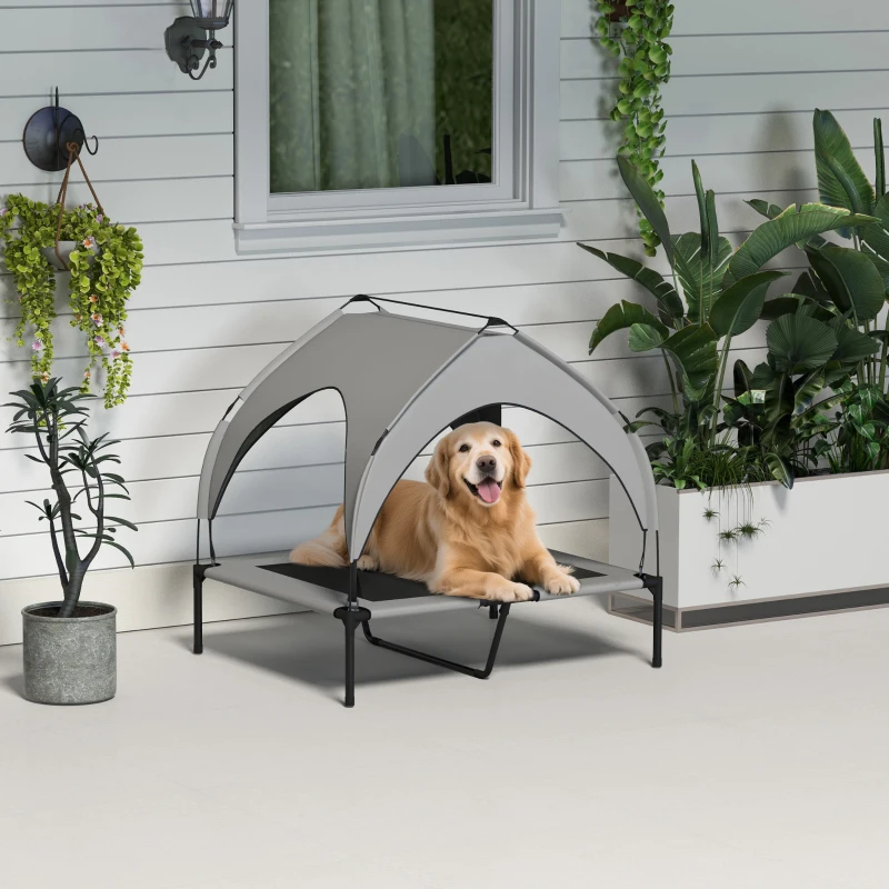 PawHut Raised Dog Bed Cooling Dog Cot w/ Canopy Washable Breathable Mesh, for Medium and Large Dogs, Light Grey