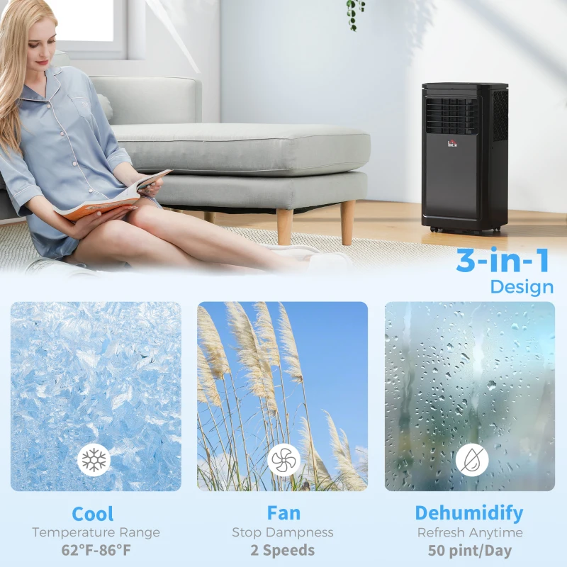 HOMCOM 8,000 BTU Portable Air Conditioner Fan w/ Remote for Rooms Up to 344 Sq. Ft., Evaporative Cooler AC Unit Black