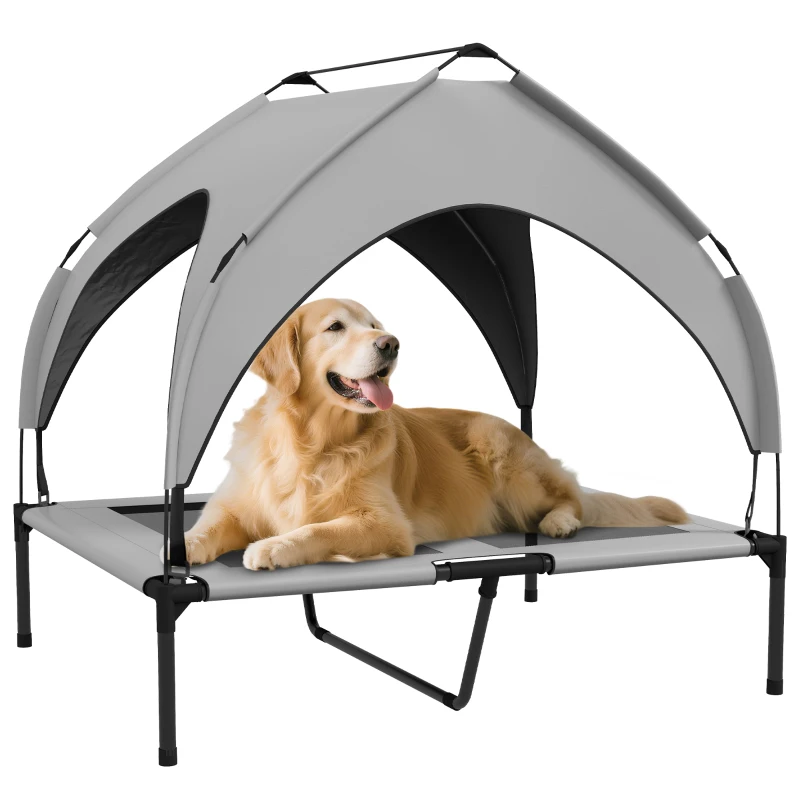 PawHut Raised Dog Bed Cooling Dog Cot w/ Canopy Washable Breathable Mesh, for Medium and Large Dogs, Light Grey