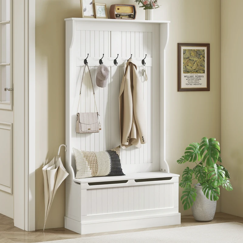 HOMCOM 3-In-1 Entryway Bench with Coat Rack, Hall Tree with Bench and Shoe Storage, 5 Hooks for Hallway Cream White