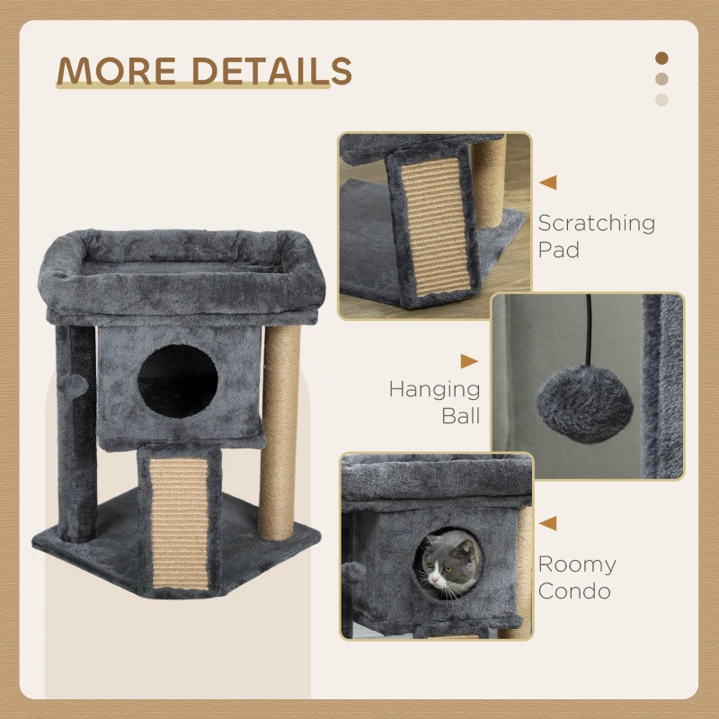 PawHut Cat Tree, Small Cat Tower with Perch, Scratching Post, Cat Condo, Toy Ball for Kitty, Indoor Use, Dark Grey
