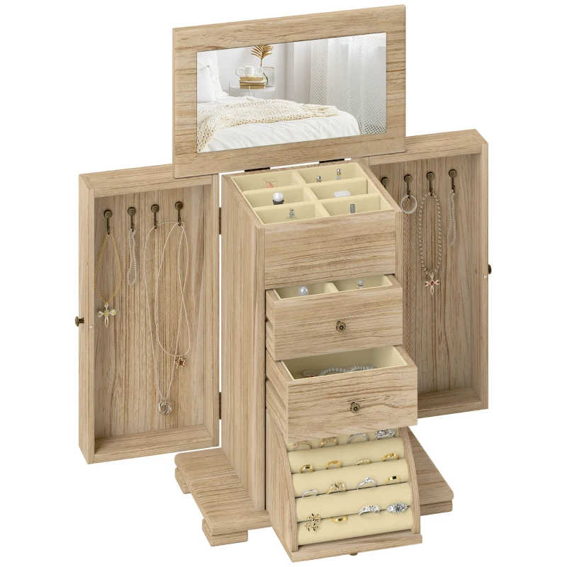 HOMCOM 4-Tier Wooden Jewelry Box for Women, Jewelry Organizer with Mirror and 2 Drawers for Rings Earrings Necklaces, Brown