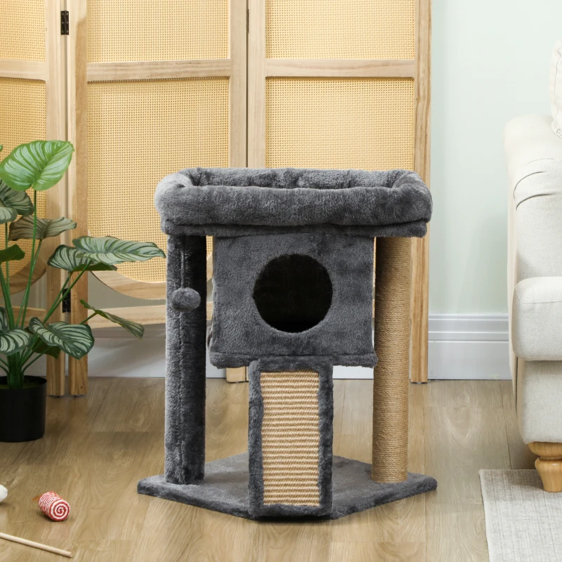 PawHut Cat Tree, Small Cat Tower with Perch, Scratching Post, Cat Condo, Toy Ball for Kitty, Indoor Use, Dark Grey