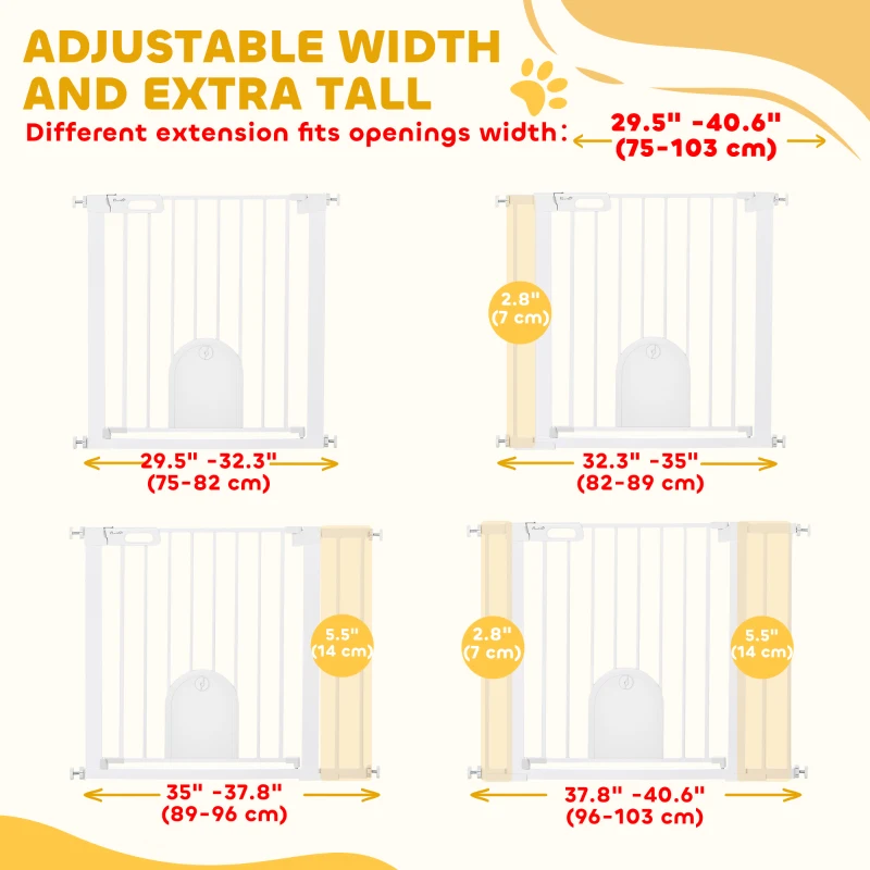 PawHut 30"-41" Extra Wide Pet Gate Barrier with Small Door, 30"H Dog Gate with Safety Gate Barrier, Stair Pressure Fit, White