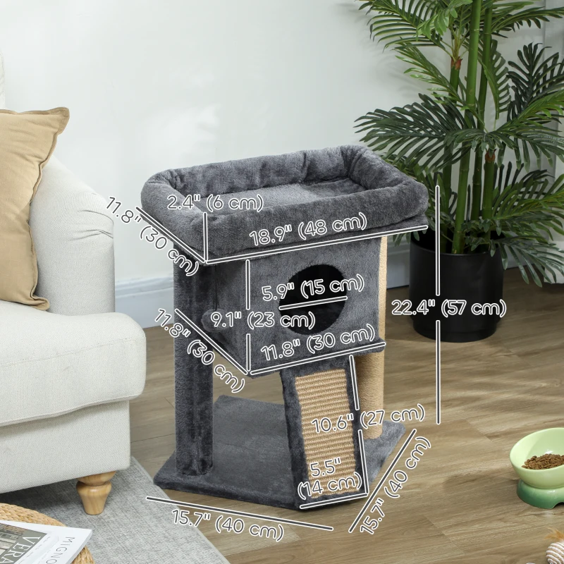 PawHut Cat Tree, Small Cat Tower with Perch, Scratching Post, Cat Condo, Toy Ball for Kitty, Indoor Use, Dark Grey