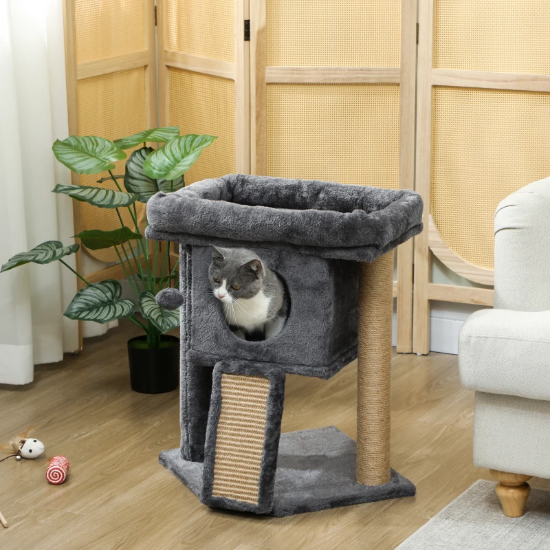 PawHut Cat Tree, Small Cat Tower with Perch, Scratching Post, Cat Condo, Toy Ball for Kitty, Indoor Use, Dark Grey