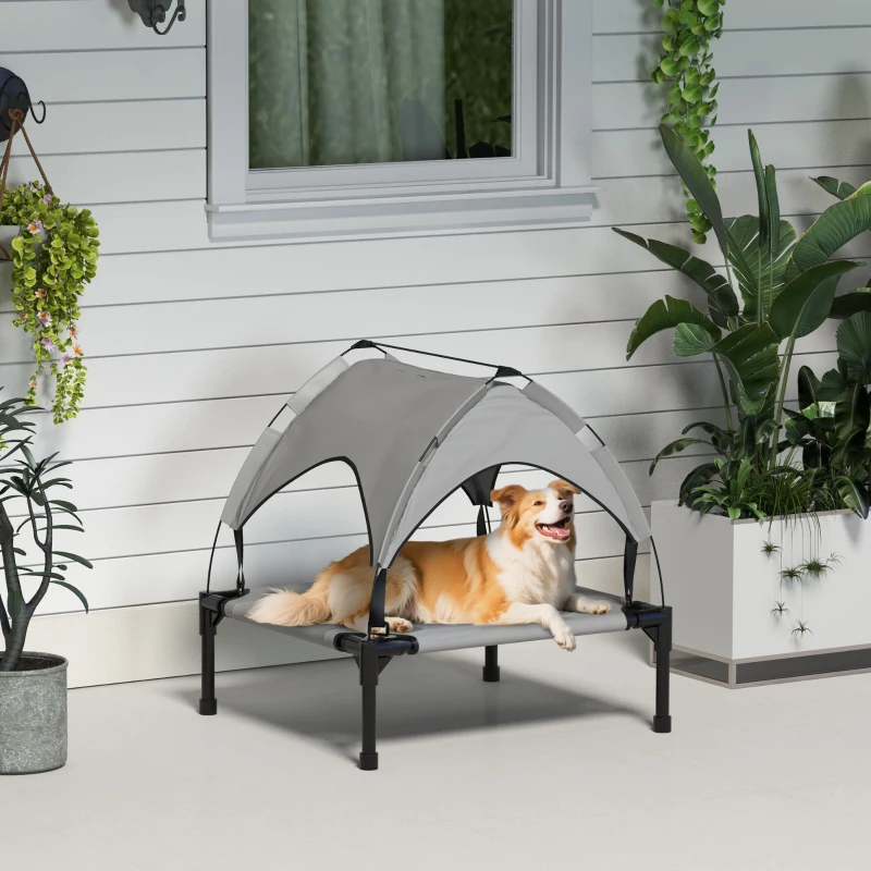 PawHut Raised Dog Bed Cooling Dog Cot w/ Canopy Washable Breathable Mesh, for Small and Medium Dogs, Light Grey