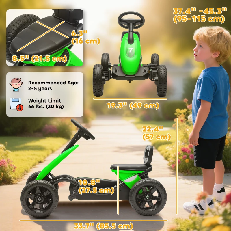 Qaba Pedal Go Kart for Kids 2-5 Years Old with Silent EVA Wheels, Metal Frame, Green