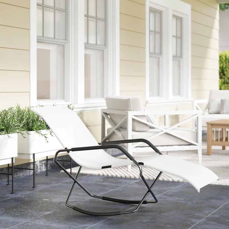Outsunny Outdoor Folding Rocking Chair, Foldable Chaise Lounge Pool Chair, Zero Gravity Lounge Chair with Armrests for Sun Tanning, Sunbathing, Rocker for Patio, Lawn, Beach, White
