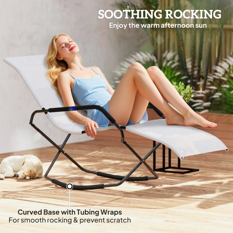 Outsunny Outdoor Folding Rocking Chair, Foldable Chaise Lounge Pool Chair, Zero Gravity Lounge Chair with Armrests for Sun Tanning, Sunbathing, Rocker for Patio, Lawn, Beach, White