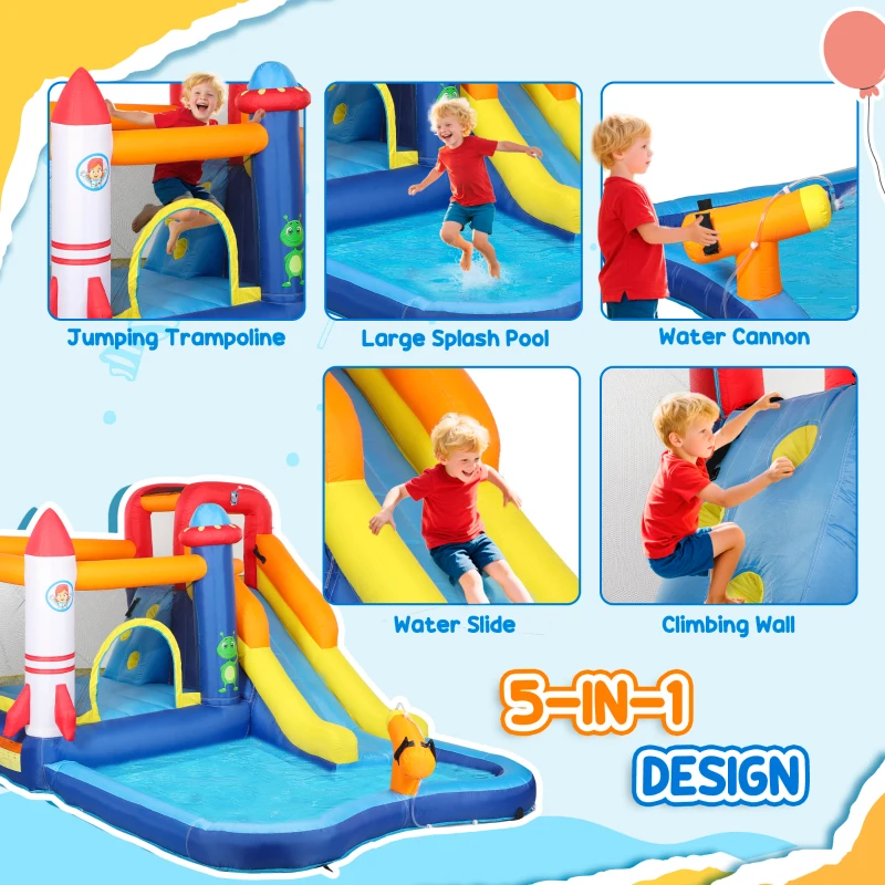 Qaba 5 in 1 Inflatable Bounce House, Water Slide with 550W Blower, Splash Pool, Trampoline, Climbing Wall, Cannon