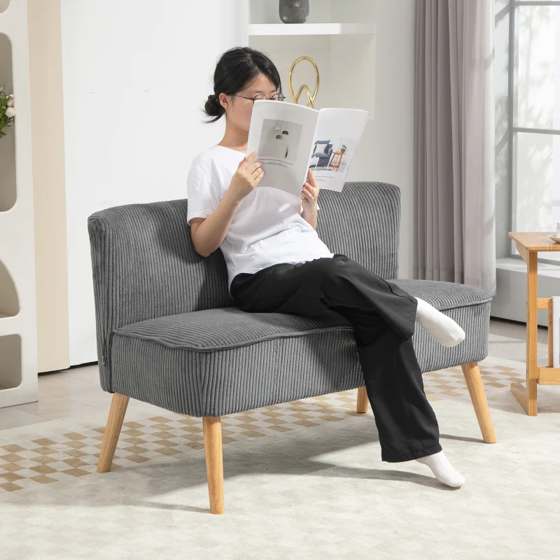 HOMCOM Modern 2 Seater Sofa, Upholstered Two Seater Couch with Rubber Wood Legs, Grey