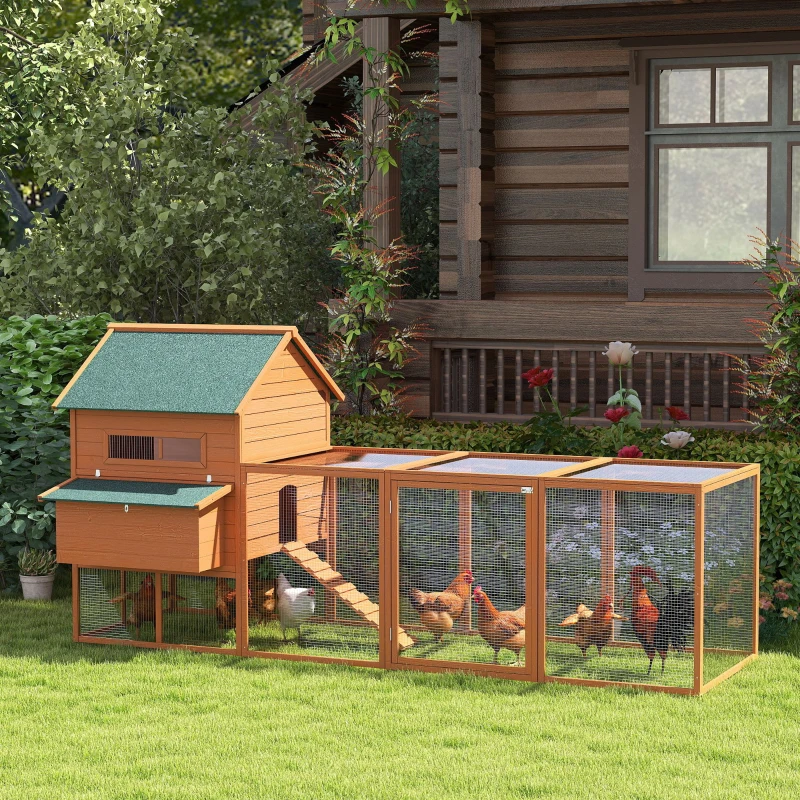 PawHut 137" Chicken Coop for 8-10 Chickens, Large Chicken House, Wooden Poultry Hen Cage with Nesting Box and Run for Backyard, Orange