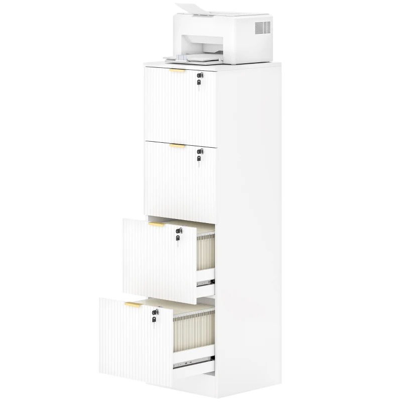 HOMCOM Lockable Filing Cabinet with 4 Fluted Drawers, File Cabinet with Adjustable Hanging Rails for A4 Letter Files, White