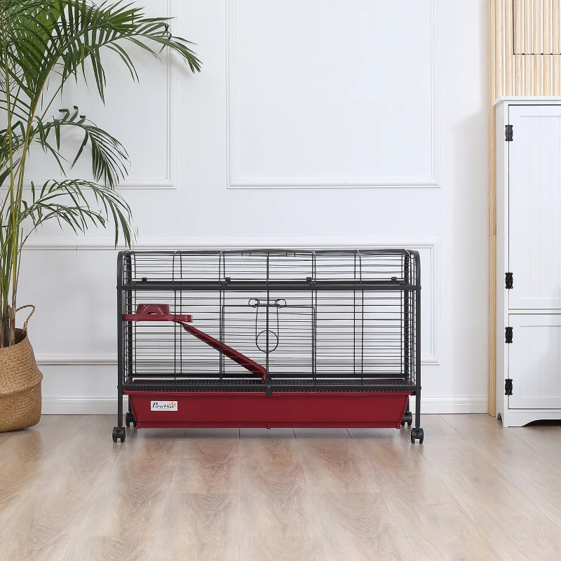 PawHut 41"L Small Animal Cage, Pet Play House for Rabbit Hutch Ferret with Feeder, Rolling Wheels, Platform, Ramp