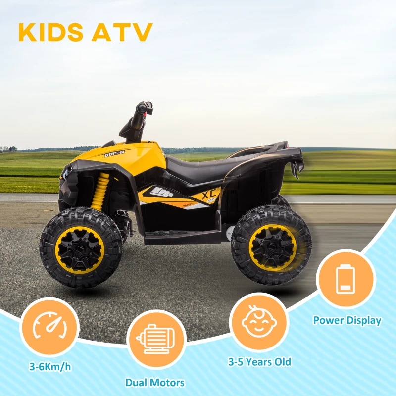 Aosom 12V Kids ATV Quad Car with Forward & Backward Function, Four Wheeler for Kids with Wear-Resistant Wheels, Music, Electric Ride-on ATV for Toddlers Ages 3+ Years Old, Yellow
