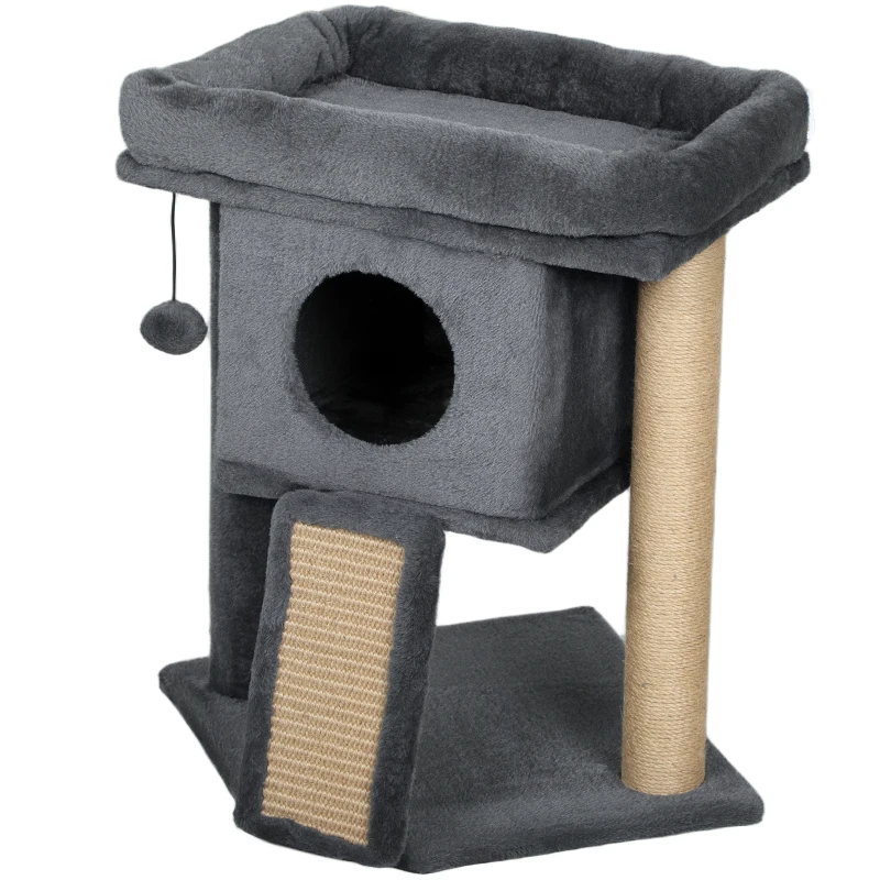 PawHut Cat Tree, Small Cat Tower with Perch, Scratching Post, Cat Condo, Toy Ball for Kitty, Indoor Use, Dark Grey